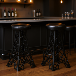 Tabourets de bar en cuir noir, structure en fer, design industriel moderne, mobilier commercial, lot de 2 - Product Image 2