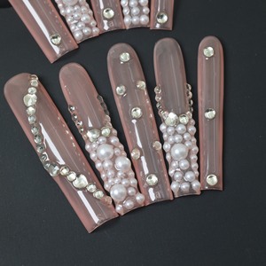 Prix d'usine – Faux ongles de luxe en acrylique, longs, rose, pleine couverture, faits à la main, à presser, avec strass – Vente en gros - Product Image 2