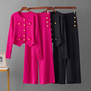 Nouveautés : Ensemble pull en viscose tricoté à col rond et manches longues, cardigan boutonné et pantalon large pour le printemps - Product Image 1