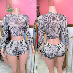 2025 Frühling Sommer Damen Outfits Mesh Print Crop T-Shirt und Shorts 2-teilige Lounge wear Y2K Sexy zweiteilige Sets Damen bekleidung - Product Image 1