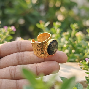 Natural Fire Labradorite Round Stone <b>Ring</b> Vintage 18k <b>Gold</b> Plated Solid Brass <b>Cocktail</b> <b>Rings</b> Unisex Fashion Jewelry Accessories - Product Image 4