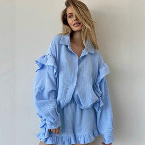 En Existencia, Ropa <span class=keywords><strong>de</strong></span> Dormir para Mujer, Camisón Transpirable, Conjunto <span class=keywords><strong>de</strong></span> Pijama 100% Algodón, Ropa <span class=keywords><strong>de</strong></span> Estar en Casa, Conjunto <span class=keywords><strong>de</strong></span> Pijama con Volantes para Mujer - Product Image 2