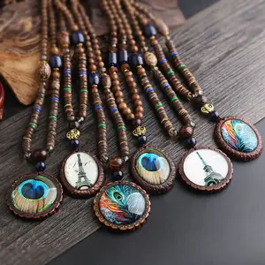 NUORO Creative Long Wooden Beads Necklace Handmade Bead Chain Peacock Geometric Feather Pattern Pendant Necklace