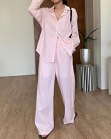 Vêtements pour femmes OEM, ensembles décontractés pour femmes, ensembles en coton et lin, tenues en deux pièces, ensembles de travail, chemise à manches longues, pantalon taille haute, costumes