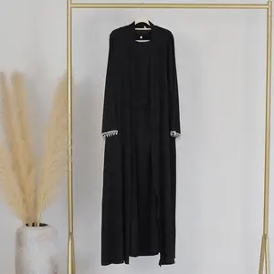 2024 Design Eid Dubai Turkish Islamic Elegant Modest Custom Women Muslim Dress Abaya Crystal Tassel Satin Silk Open Kaftan Abaya