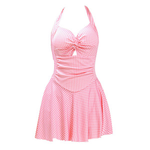 Traje de baño de una pieza para mujer Baiya, estilo falda con cuello halter a cuadros, elástico, para playa y spa - Product Image 5