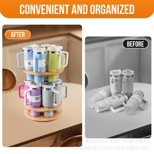Bamboo <b>Rotating</b> Water Cup Holder Double Layer Insulated Tumbler Storage Rack <b>Desk</b> Organizer For Office Use - Product Image 4