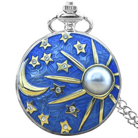 Montres de poche à quartz en alliage de zinc avec breloque demi-lune en résine, chaîne perlée, vente en gros, nouveau best-seller, OEM/ODM