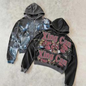 커스텀 빈티지 플로럴 스트릿웨어 헤비 웨이트 집업 재킷 DTG 프린트 지퍼 프렌치 테리 코믹스 애시드 워싱 디스트레스드 후드티 - Product Image 1