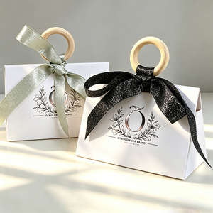 Luxury Custom Logo Wedding Favor Box With Wooden Ring Handle Elegant Ribbon <b>Bow</b> Paper <b>Gift</b> Packaging for Candy Jewelry - Product Image 1