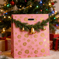 Sac cadeau en papier kraft rose à motif de rose dorée, avec soufflet latéral, recyclable, luxe, pour supermarché, fête, emballage, gravure