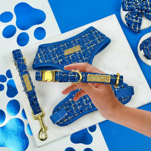 Arnés para Mascotas de Primera Calidad con Textura de Tweed, Diseño a Cuadros Azules, Sin Tirones, Herrajes Dorados, Hebilla de Metal, Proveedor al por Mayor, Arnés Personalizado para Perros - Product Image 1