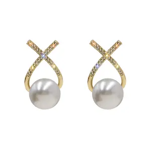 Yiwu DAICY Elegant Light luxury Jewelry pearl Earrings Alloy with S925 Silver Needle Stud Cross Rhinestone Earrings Women