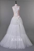 Jusere Fashion Show Spaghetti Strap Illusion Corsage 3d Fleurs Haute Split Aline Robe De Mariée Belle Volants Robe De Mariée