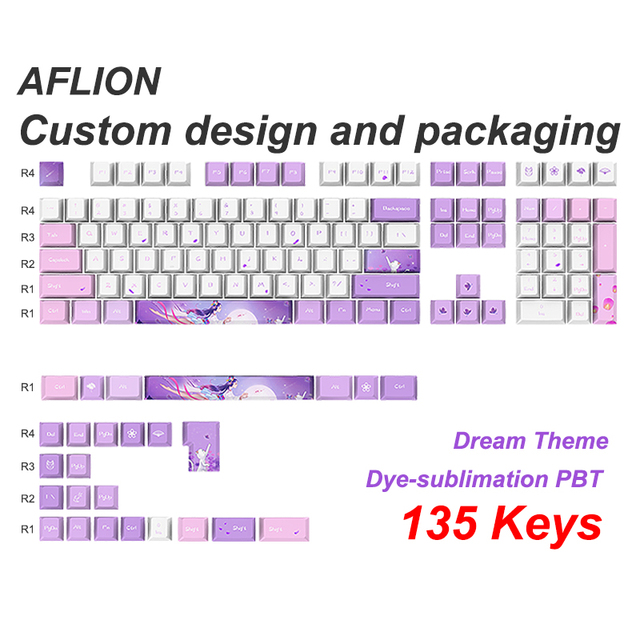 AFLION Factory Supply Customized Retro Purple Dream 135keys PBT Dye Sublimation Keycaps Set PBT Keycap for Mechanical Keyboard