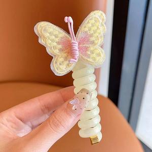 女性の女の子のための高弾性ヘッドロープ付きYTかわいいバタフライフラワーヘアネクタイ電話線プラスチック素材レザーバンド - Product Image 4