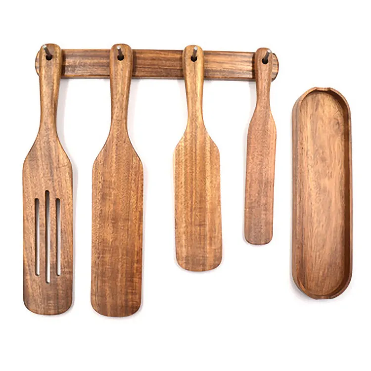 Hot selling bamboo spurtle sets acacia wooden kitchen utensils with holder