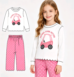 Ensembles de vêtements pour enfants personnalisés, décontractés, à motifs floraux, avec nœuds, style t-shirt à manches longues et pantalon long à jambes larges, bord festonné, pour sœurs, idéal pour la voiturette de golf - Product Image 1