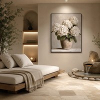 Tableau mural encadré en toile d'hortensia blanc, peinture à l'huile florale impasto, bouquet texturé crème, cadre noir, pour hôtel et SPA, vente en gros