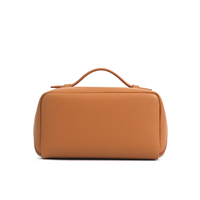 Pochette de maquillage portable en cuir marron avec fermeture éclair, étui plat ouvrable pour les articles de toilette de voyage, les pinceaux et l'organisation des cosmétiques