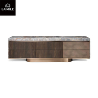 Buffet moderne de luxe avec plateau en marbre naturel et placage bois, meuble de rangement latéral pour salle à manger de villa, mobilier de maison
