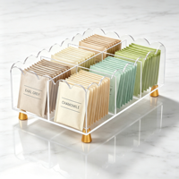Organisateur de sachets de thé en acrylique transparent personnalisé, 6 compartiments, support de rangement pour thé avec pieds en métal doré pour comptoir de cuisine, armoire de garde-manger
