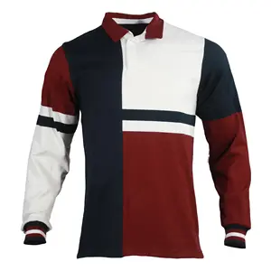 Yeni zelanda Vintage tarzı ağır pamuk bölünmüş şerit Jersey Rugby Polo uzun kollu dirsek yamalar ile