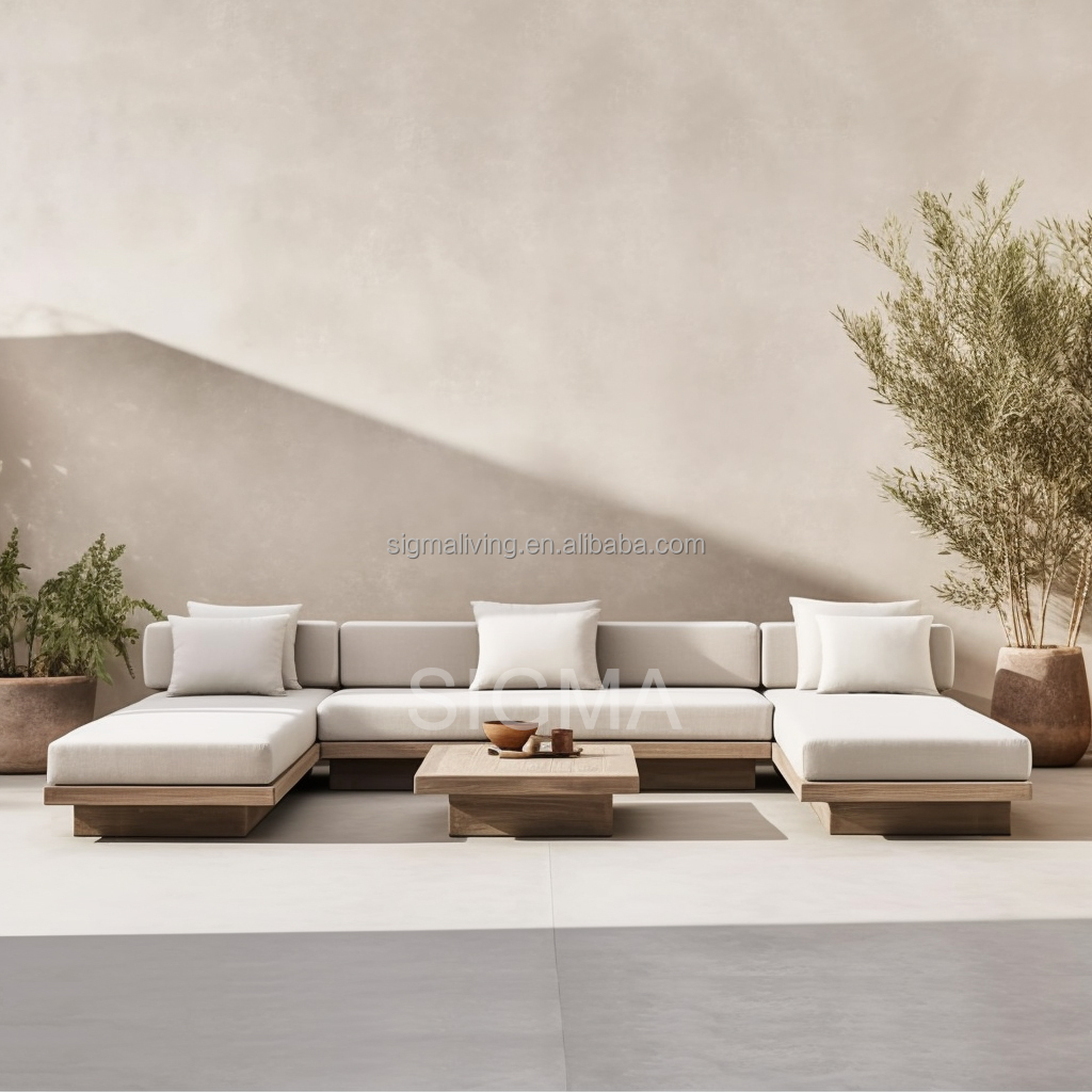 Outdoor Patio Big U Shape Garden Sets Restaurant Hotel Furniture Wood Frame Patio Sofa Set Teak Wood Sofa Set