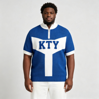 Pull jacquard tricoté à col quart zippé pour homme, motif géométrique simple rayé bleu et blanc brodé 'KTY', ODM/OEM
