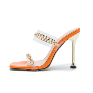Summer Women's Fashion Square Toe High Heel Mules PVC Transparent <b>Slides</b> with Chain Shoes Elegant Female for Slippers - Product Image 1