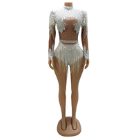 Combinaison à franges en strass pour femme, en maille transparente à manches longues, ensemble deux pièces perlé, costume de scène pour festival de musique