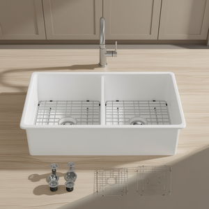 Évier de cuisine en céramique blanche à encastrer, rectangulaire, double bac profond, 32 pouces, avec façade frontale, facile à nettoyer - Product Image 2