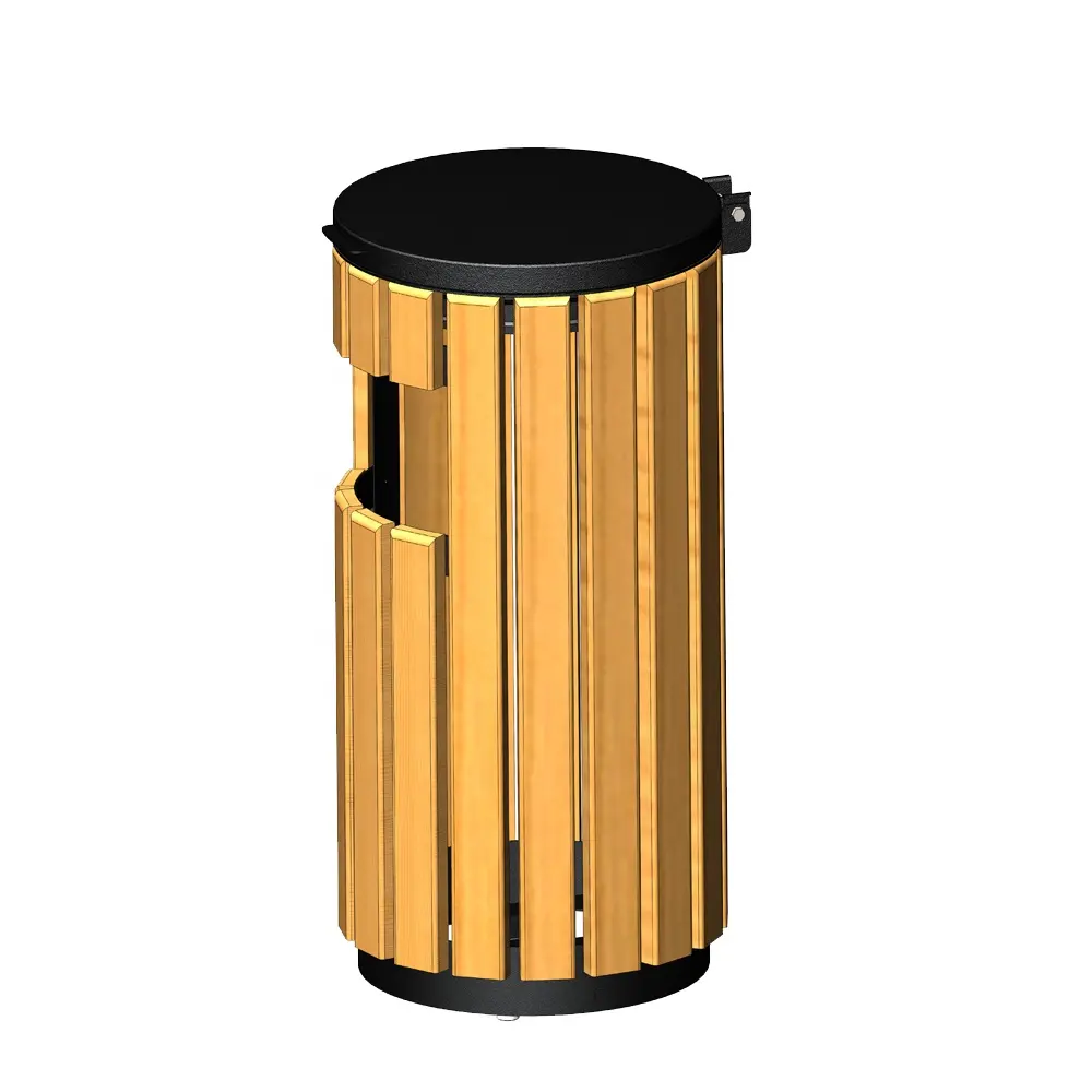 Outdoor Wooden Steel And Pine Slat Material Receptacle Standing Ash Bin Trash Litter Bin