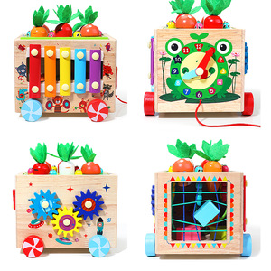 Jouets Montessori multifonctionnels pour bébés, <span class=keywords><strong>cube</strong></span> <span class=keywords><strong>d</strong></span>'activités <span class=keywords><strong>en</strong></span> <span class=keywords><strong>bois</strong></span> à tirer avec tri de formes et de couleurs, labyrinthe de perles, xylophone, engrenages <span class=keywords><strong>en</strong></span> forme de carotte - Product Image 2