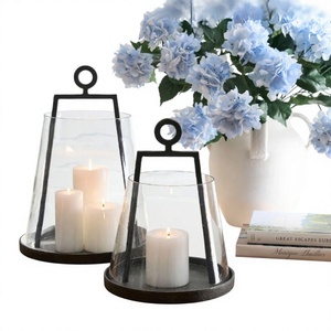 <b>Set</b> Of Two Iron Candle <b>Lantern</b> <b>Set</b> With Glass Shade Black Metal Base For Home Decoration Heat Resistant Design - Product Image 1