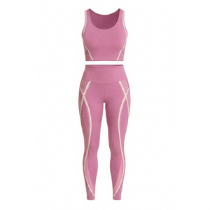 Ensemble de yoga rose 2 pièces : Crop top dos nageur à encolure dégagée et Legging taille haute avec bordure contrastante, sans couture, longueur intégrale, en Spandex et Polyester - Product Image 1