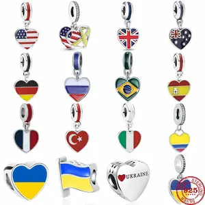 Lo más nuevo 925 Bandera de plata Ucrania Brasil Australia España encanto DIY cuentas colgantes ajuste Original pulsera moda mujer joyería