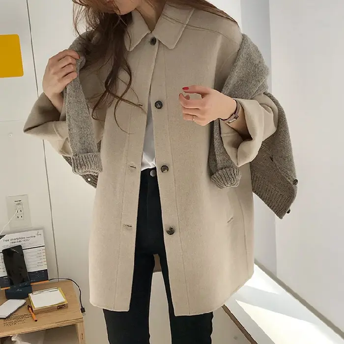 autumn winter new style solid color lapel fashion wool mid length woolen women's coat
