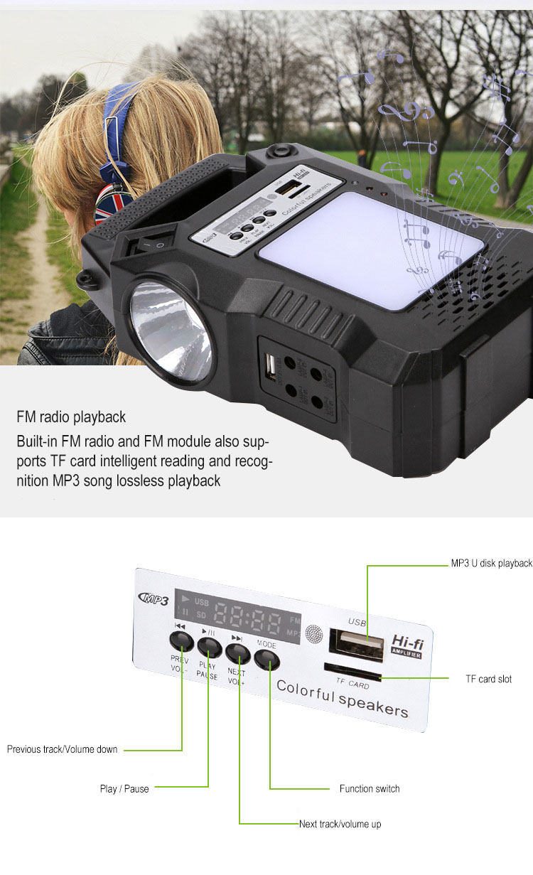 Ηλιακό Σύστημα Φωτισμού & Φόρτισης με Ηχείο USB/SD Mp3 Player, FM Radio, Ηλιακό Panel, Μπαταρία, Ισχυρότατο Φακό και Φωτιστικό & 3 Λάμπες LED 150LM