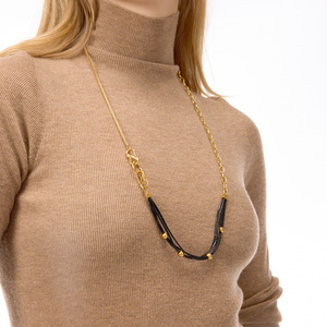 Stainless Steel Black Waxed <b>Rope</b> Necklace With Gold Beads For Women Autumn Winter Sweater Chain <b>Light</b> Luxury Jewelry - Product Image 3