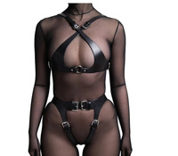 Set Lingerie Seksi Kulit PU dengan Garter Belt, Dapat Disesuaikan, 2-Piece, Desain Fashion untuk Wanita Dewasa, Ketat