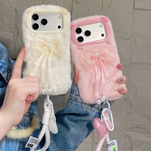 Nouvelle Coque de Téléphone en Peluche avec Nœud Papillon et Perles pour <span class=keywords><strong>iPhone</strong></span> 17 Pro Max, Antichoc, Couverture Intégrale, Coque Souple avec Cordon de Suspension Style Fille - Product Image 1