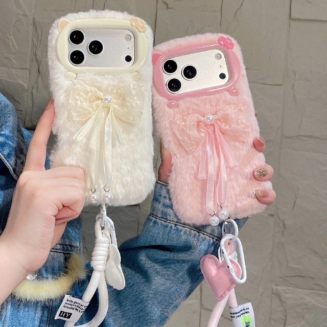 2026 New Plush Bowknot Pearl Phone Case for iPhone 17 Pro Max Shockproof Full-Coverage Soft Shell with Girly Lanyard Design