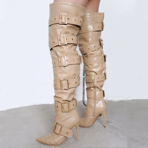 Belt Buckles Women Knee High <b>Boots</b> Metal Slim Heeled Denim Long Booties Sexy Punk Apricot Stiletto Dress Shoes - Product Image 2