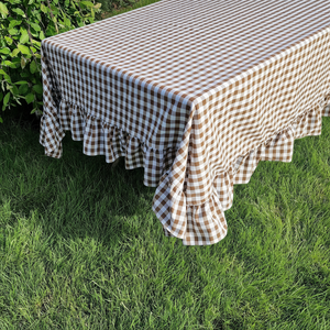 Dark Brown Linen <b>Tablecloth</b> Handmade Ruffles Large Gingham Pinstriped Natural Design Various Colours for Dining Wedding <b>Party</b> - Product Image 1