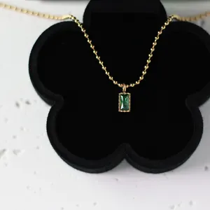 Dainty luxury gold plated green emerald baguette zirconia stone stainless steelpendant bead ball chain short necklace for girls