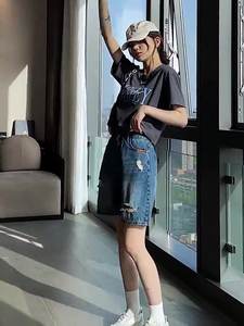 Short en jean déchiré pour femme en été à cinq points mince taille haute A-line lâche mince petit pantalon mi-long rétro à jambes larges - Product Image 2