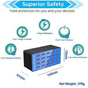 Caricatore USB intelligente a 20 porte 100W protezione totale sovraccarico tensione globale Multi-dispositivo di ricarica per telecamere - Product Image 4