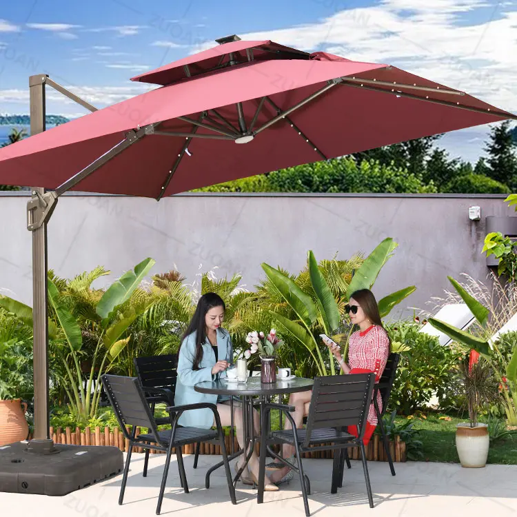 2023 heavy duty outdoor garden sunshade parasol manual lift solar patio umbrella led lights