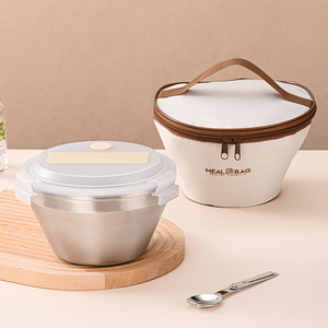 304 stainless steel <b>round</b> double-layer lunch <b>box</b>, with compartments to prevent flavor mixing, includes spoon and chopsticks. - Product Image 4